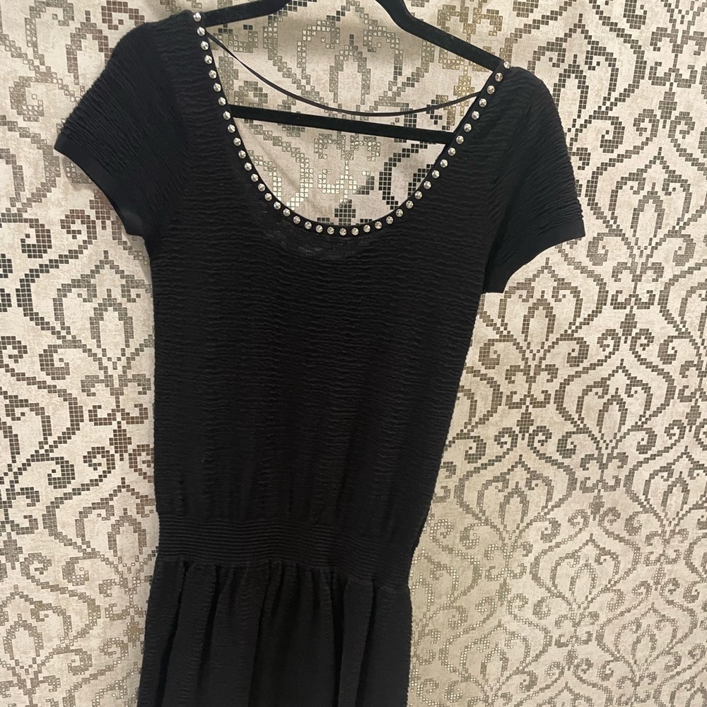 Black Sandro Mini Dress with collarbone metal decal